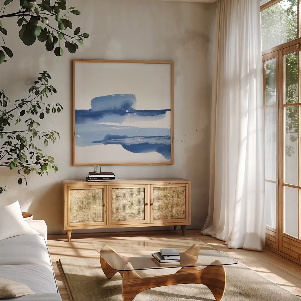 Classic Blue I by Chris Paschke. Shown in a natural wood frame in a cozy modern living room. Available as an archival giclee rolled canvas, fine art paper, or poster print. SKU 67649a.