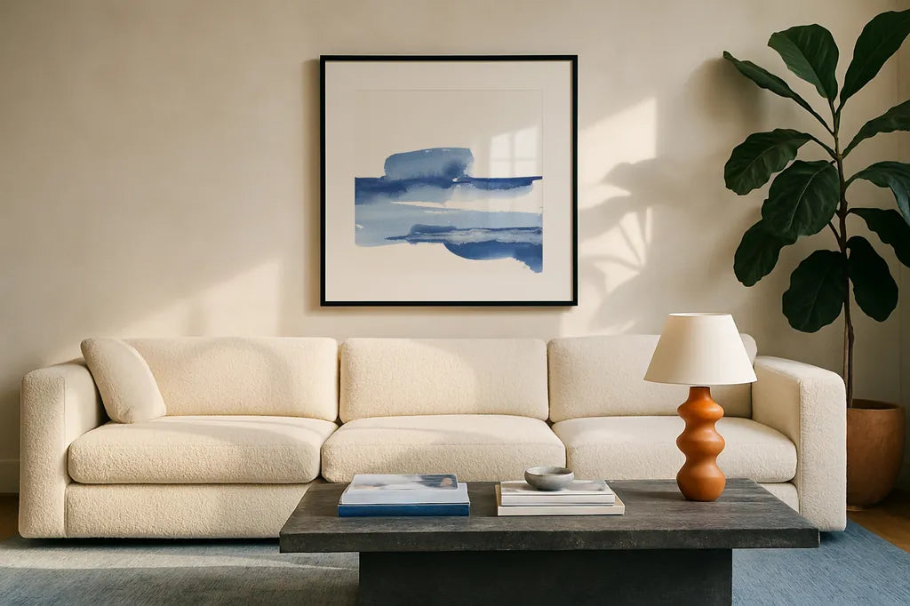 Classic Blue I by Chris Paschke. Displayed in a glass frame with matte in a clean modern living room. Available as an archival giclee rolled canvas, fine art paper, or poster print. SKU 67649a.