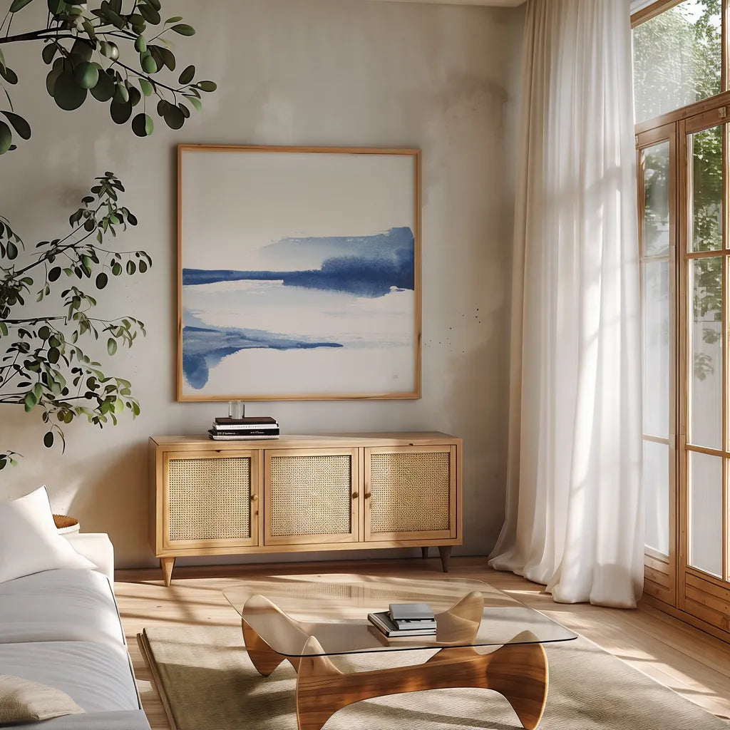 Classic Blue II by Chris Paschke. Shown in a natural wood frame in a cozy modern living room. Available as an archival giclee rolled canvas, fine art paper, or poster print. SKU 67655a.