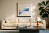 Classic Blue II by Chris Paschke. Displayed in a glass frame with matte in a clean modern living room. Available as an archival giclee rolled canvas, fine art paper, or poster print. SKU 67655a.