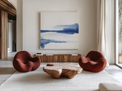 Classic Blue II by Chris Paschke. Shown as extra-large giant wall art in a modern living room. Available as an archival giclee rolled canvas, fine art paper, or poster print. SKU 67655a.