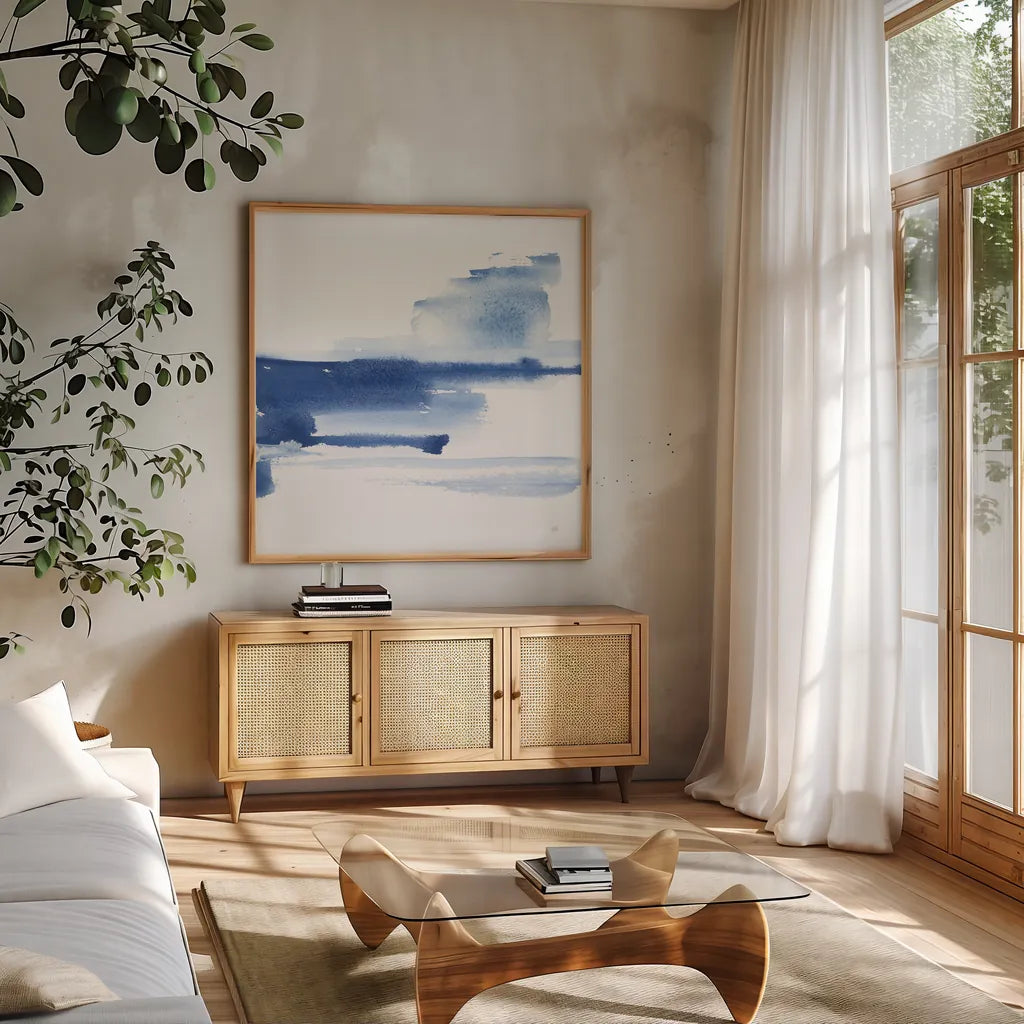 Classic Blue III by Chris Paschke. Shown in a natural wood frame in a cozy modern living room. Available as an archival giclee rolled canvas, fine art paper, or poster print. SKU 67656a.