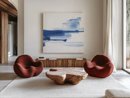 Classic Blue III by Chris Paschke. Shown as extra-large giant wall art in a modern living room. Available as an archival giclee rolled canvas, fine art paper, or poster print. SKU 67656a.