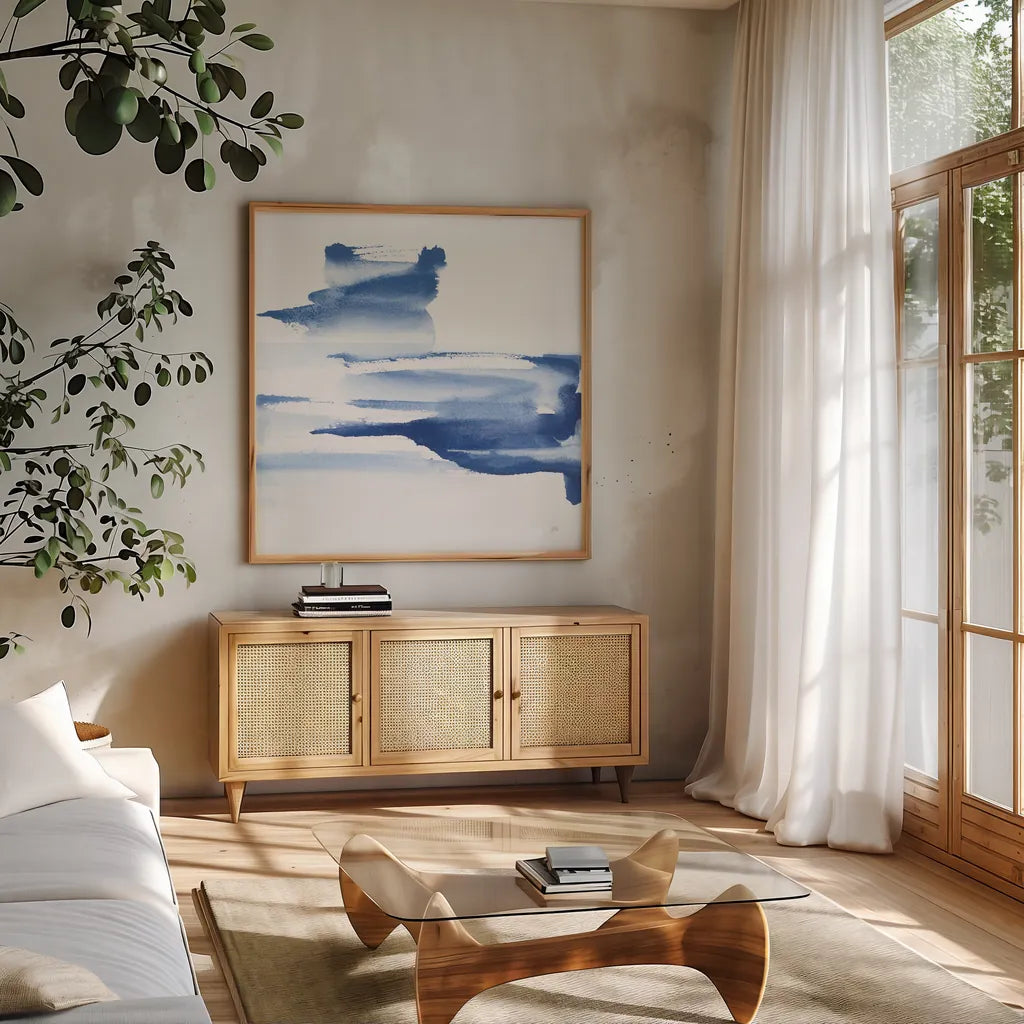 Classic Blue IV by Chris Paschke. Shown in a natural wood frame in a cozy modern living room. Available as an archival giclee rolled canvas, fine art paper, or poster print. SKU 67657a.