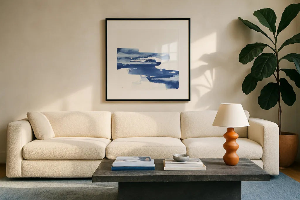 Classic Blue V by Chris Paschke. Displayed in a glass frame with matte in a clean modern living room. Available as an archival giclee rolled canvas, fine art paper, or poster print. SKU 67658a.