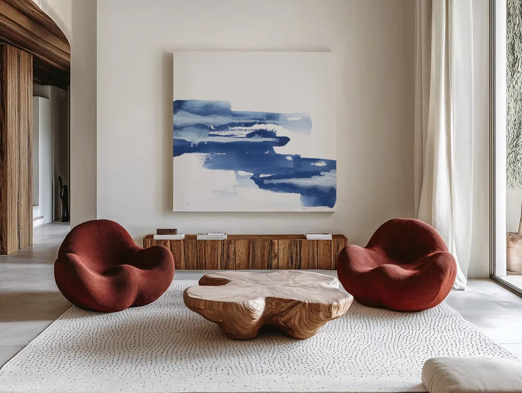 Classic Blue V by Chris Paschke. Shown as extra-large giant wall art in a modern living room. Available as an archival giclee rolled canvas, fine art paper, or poster print. SKU 67658a.