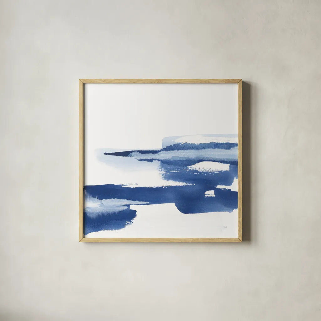 Classic Blue VI by Chris Paschke. Shown in a natural wood glass frame for a timeless modern aesthetic. Available as an archival giclee rolled canvas, fine art paper, or poster print. SKU 67659a.