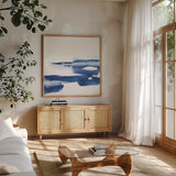 Classic Blue VI by Chris Paschke. Shown in a natural wood frame in a cozy modern living room. Available as an archival giclee rolled canvas, fine art paper, or poster print. SKU 67659a.