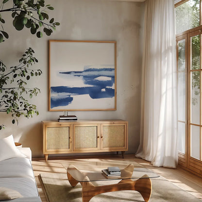 Classic Blue VI by Chris Paschke. Shown in a natural wood frame in a cozy modern living room. Available as an archival giclee rolled canvas, fine art paper, or poster print. SKU 67659a.