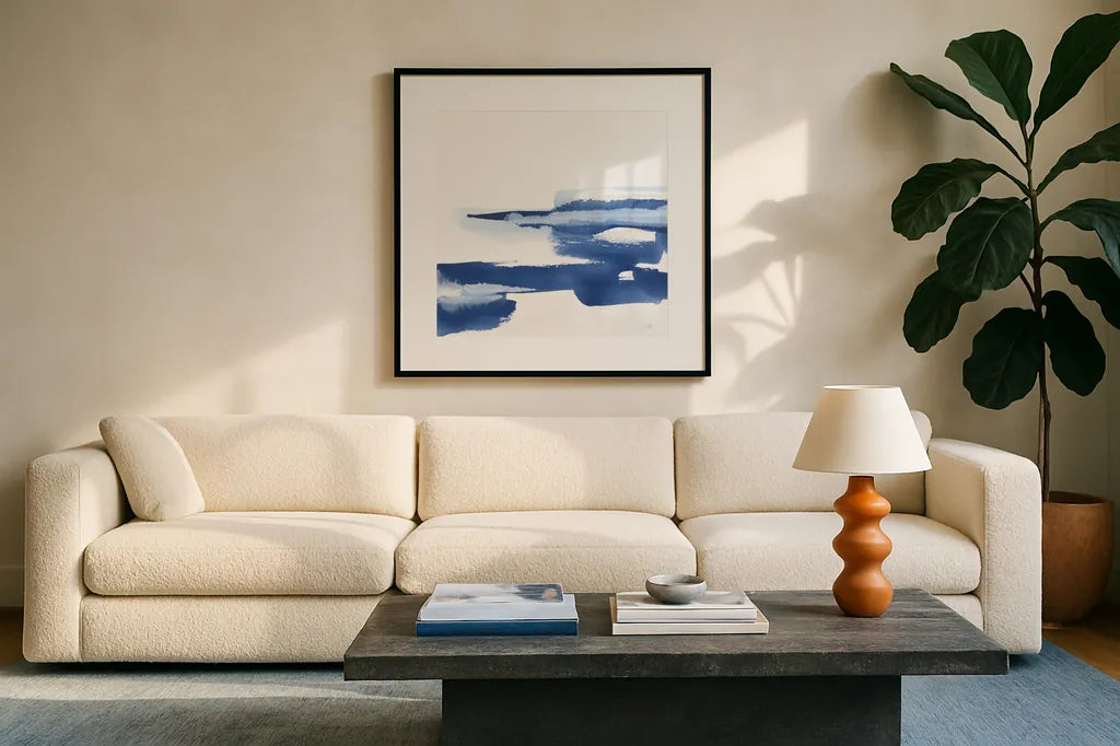 Classic Blue VI by Chris Paschke. Displayed in a glass frame with matte in a clean modern living room. Available as an archival giclee rolled canvas, fine art paper, or poster print. SKU 67659a.