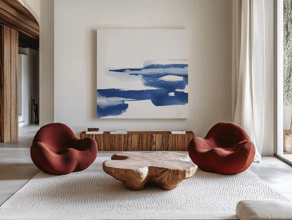 Classic Blue VI by Chris Paschke. Shown as extra-large giant wall art in a modern living room. Available as an archival giclee rolled canvas, fine art paper, or poster print. SKU 67659a.