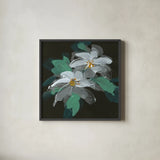 Clematis I by Chris Paschke. Shown in a sleek black glass frame for a contemporary gallery look. Available as an archival giclee rolled canvas, fine art paper, or poster print. SKU 80809a.