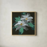 Clematis I by Chris Paschke. Shown in a natural wood glass frame for a timeless modern aesthetic. Available as an archival giclee rolled canvas, fine art paper, or poster print. SKU 80809a.