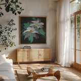 Clematis I by Chris Paschke. Shown in a natural wood frame in a cozy modern living room. Available as an archival giclee rolled canvas, fine art paper, or poster print. SKU 80809a.
