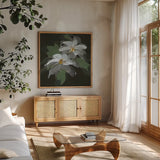 Clematis I Green by Chris Paschke. Shown in a natural wood frame in a cozy modern living room. Available as an archival giclee rolled canvas, fine art paper, or poster print. SKU 81074a.