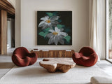 Clematis II by Chris Paschke. Shown as extra-large giant wall art in a modern living room. Available as an archival giclee rolled canvas, fine art paper, or poster print. SKU 80810a.