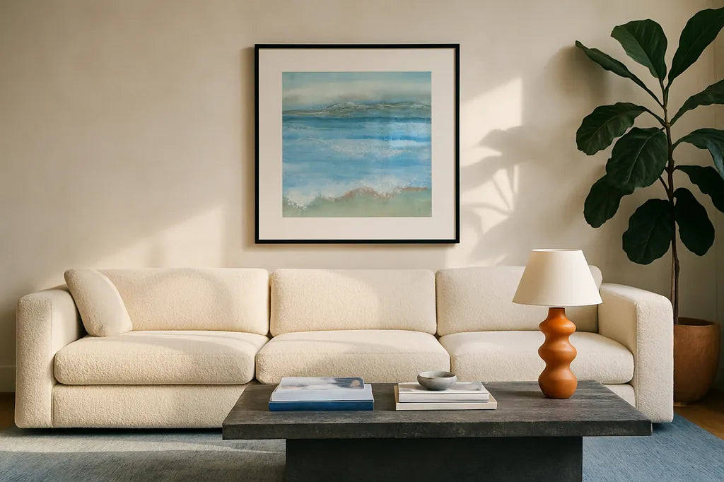 Coastal I by Chris Paschke. Displayed in a glass frame with matte in a clean modern living room. Available as an archival giclee rolled canvas, fine art paper, or poster print. SKU 65460a.