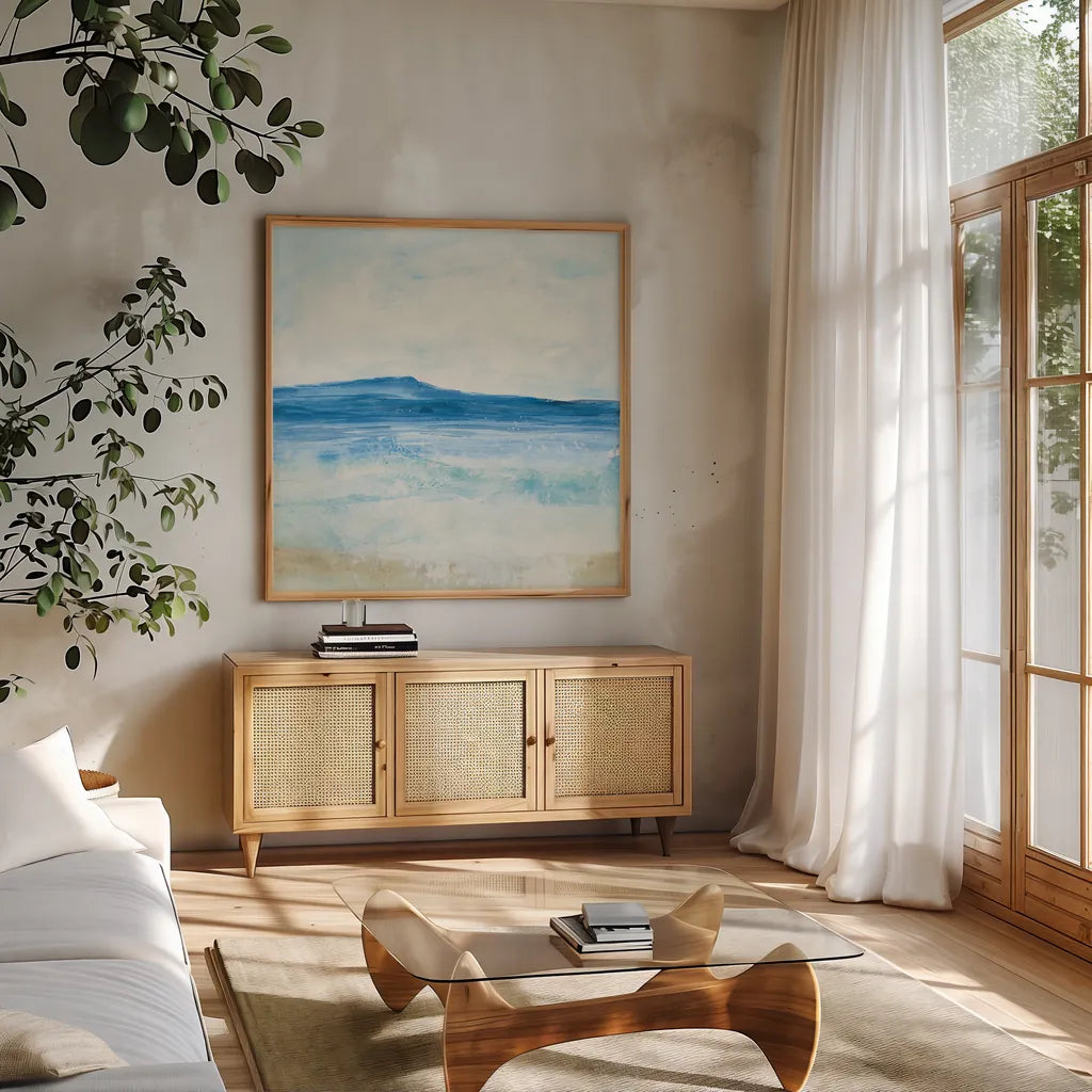 Coastal II by Chris Paschke. Shown in a natural wood frame in a cozy modern living room. Available as an archival giclee rolled canvas, fine art paper, or poster print. SKU 65461a.