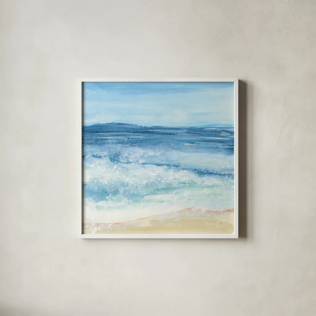 Coastal III by Chris Paschke. Shown in a crisp white glass frame for a clean and minimalist style. Available as an archival giclee rolled canvas, fine art paper, or poster print. SKU 65462a.