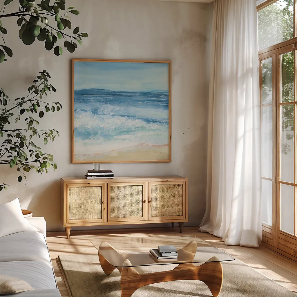 Coastal III by Chris Paschke. Shown in a natural wood frame in a cozy modern living room. Available as an archival giclee rolled canvas, fine art paper, or poster print. SKU 65462a.