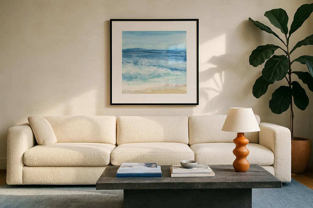 Coastal III by Chris Paschke. Displayed in a glass frame with matte in a clean modern living room. Available as an archival giclee rolled canvas, fine art paper, or poster print. SKU 65462a.