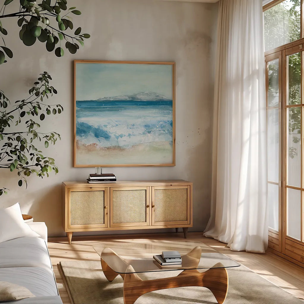 Coastal IV by Chris Paschke. Shown in a natural wood frame in a cozy modern living room. Available as an archival giclee rolled canvas, fine art paper, or poster print. SKU 65463a.