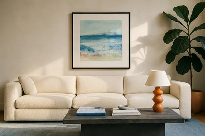 Coastal IV by Chris Paschke. Displayed in a glass frame with matte in a clean modern living room. Available as an archival giclee rolled canvas, fine art paper, or poster print. SKU 65463a.