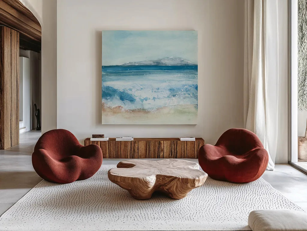 Coastal IV by Chris Paschke. Shown as extra-large giant wall art in a modern living room. Available as an archival giclee rolled canvas, fine art paper, or poster print. SKU 65463a.