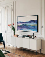 Coastal Ink I by Chris Paschke. shown as a framed stretched canvas in a living room above a console. Available as a archival giclee rolled canvas, fine art paper, or poster print. SKU 65436i.