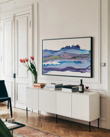 Coastal Ink II by Chris Paschke. shown as a framed stretched canvas in a living room above a console. Available as a archival giclee rolled canvas, fine art paper, or poster print. SKU 65437i.