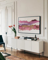Coastal Ink V by Chris Paschke. shown as a framed stretched canvas in a living room above a console. Available as a archival giclee rolled canvas, fine art paper, or poster print. SKU 65440i.