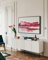 Coastal Ink VI by Chris Paschke. shown as a framed stretched canvas in a living room above a console. Available as a archival giclee rolled canvas, fine art paper, or poster print. SKU 65441i.
