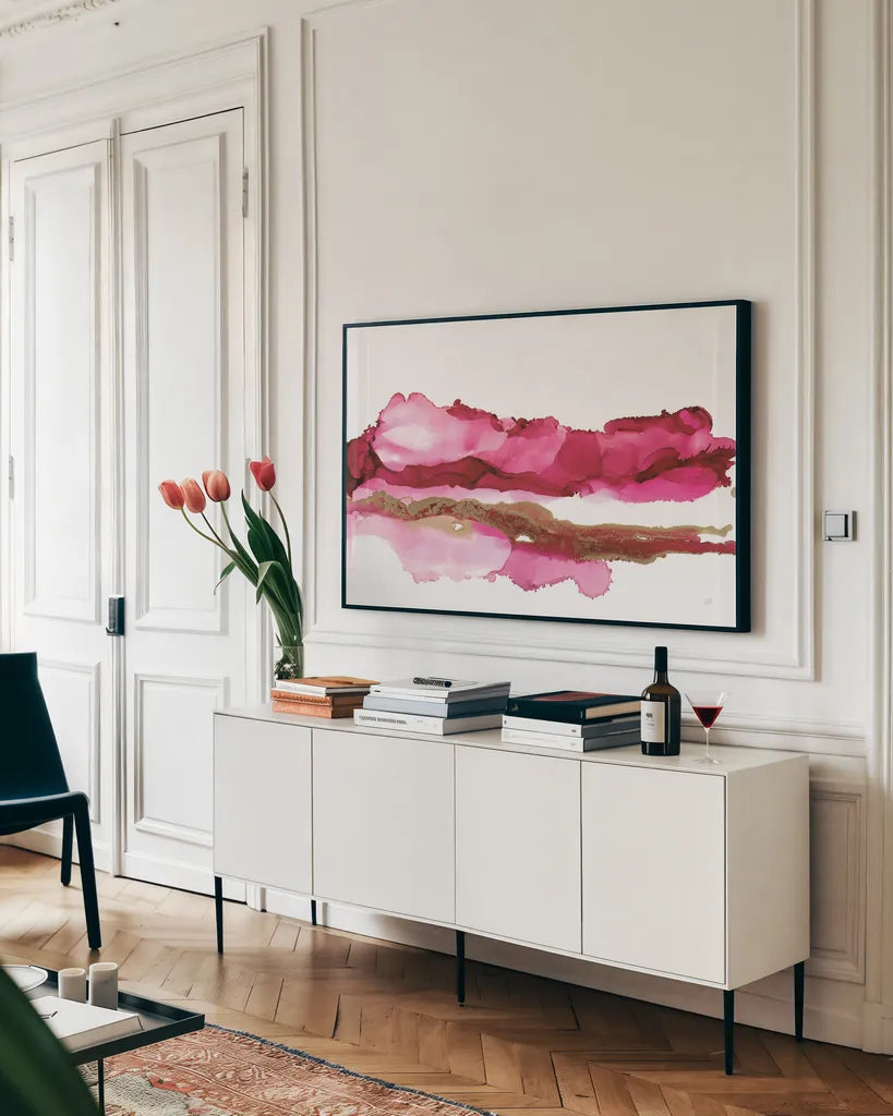 Coastal Ink VI by Chris Paschke. shown as a framed stretched canvas in a living room above a console. Available as a archival giclee rolled canvas, fine art paper, or poster print. SKU 65441i.