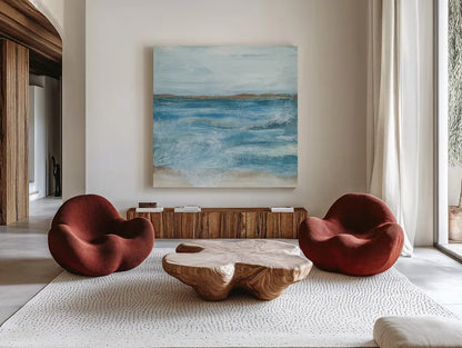 Coastal V by Chris Paschke. Shown as extra-large giant wall art in a modern living room. Available as an archival giclee rolled canvas, fine art paper, or poster print. SKU 65771a.