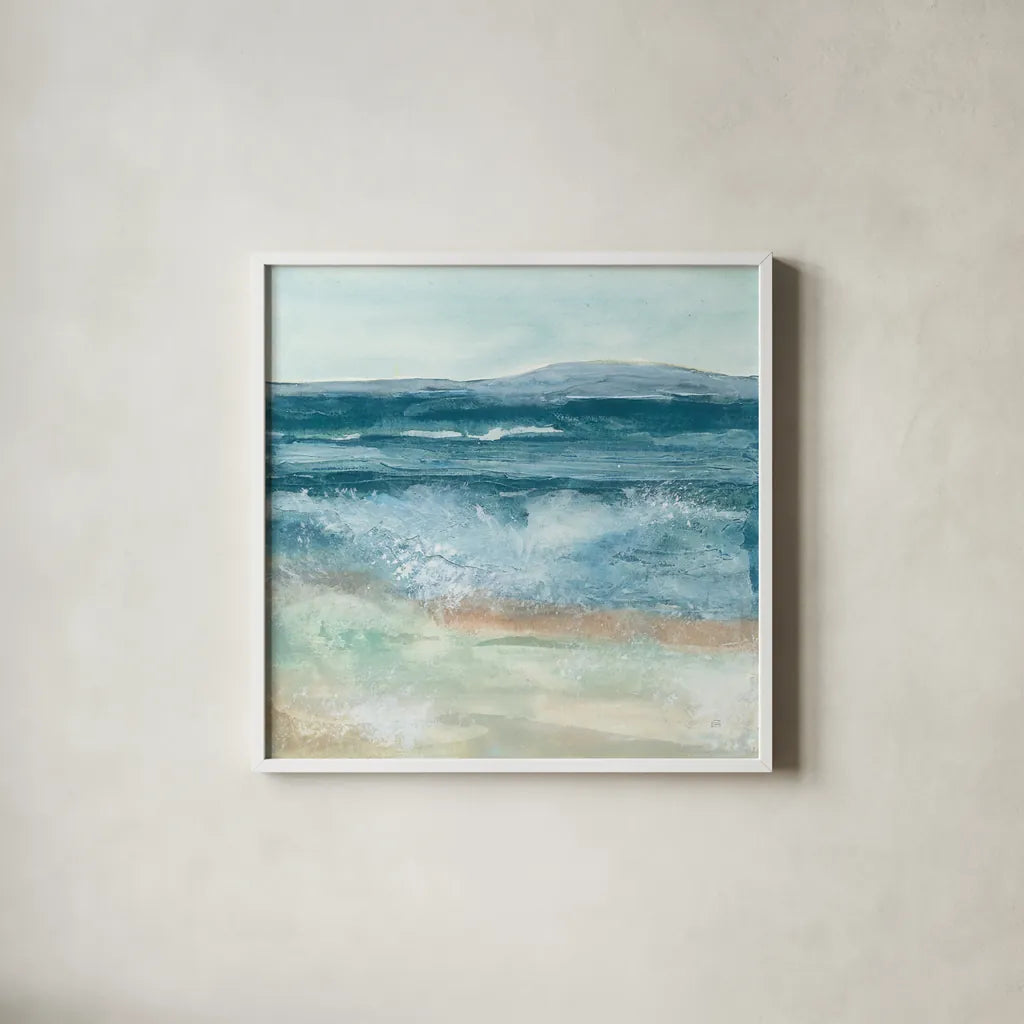 Coastal VI by Chris Paschke. Shown in a crisp white glass frame for a clean and minimalist style. Available as an archival giclee rolled canvas, fine art paper, or poster print. SKU 65772a.