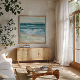 Coastal VI by Chris Paschke. Shown in a natural wood frame in a cozy modern living room. Available as an archival giclee rolled canvas, fine art paper, or poster print. SKU 65772a.
