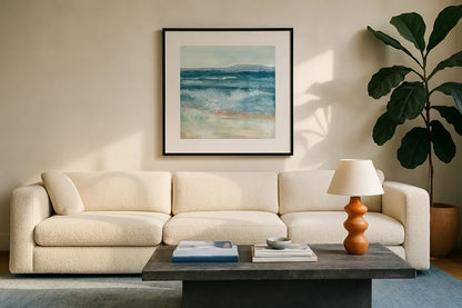 Coastal VI by Chris Paschke. Displayed in a glass frame with matte in a clean modern living room. Available as an archival giclee rolled canvas, fine art paper, or poster print. SKU 65772a.