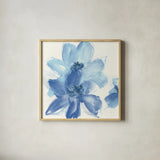 Cobalt Clematis I by Chris Paschke. Shown in a natural wood glass frame for a timeless modern aesthetic. Available as an archival giclee rolled canvas, fine art paper, or poster print. SKU 33996a.