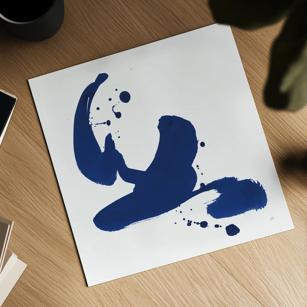 Cobalt Ink Drops I by Chris Paschke. Shown as a detailed flat fine art print, highlighting archival giclee quality. Available as an archival giclee rolled canvas, fine art paper, or poster print. SKU 67368a.