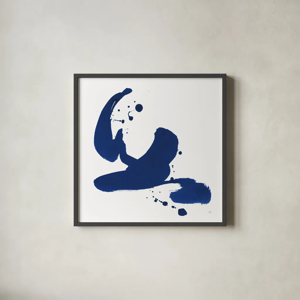 Cobalt Ink Drops I by Chris Paschke. Shown in a sleek black glass frame for a contemporary gallery look. Available as an archival giclee rolled canvas, fine art paper, or poster print. SKU 67368a.