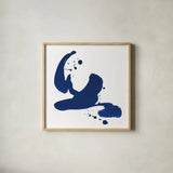Cobalt Ink Drops I by Chris Paschke. Shown in a natural wood glass frame for a timeless modern aesthetic. Available as an archival giclee rolled canvas, fine art paper, or poster print. SKU 67368a.