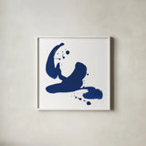 Cobalt Ink Drops I by Chris Paschke. Shown in a crisp white glass frame for a clean and minimalist style. Available as an archival giclee rolled canvas, fine art paper, or poster print. SKU 67368a.