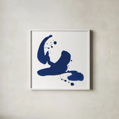 Cobalt Ink Drops I by Chris Paschke. Shown in a crisp white glass frame for a clean and minimalist style. Available as an archival giclee rolled canvas, fine art paper, or poster print. SKU 67368a.