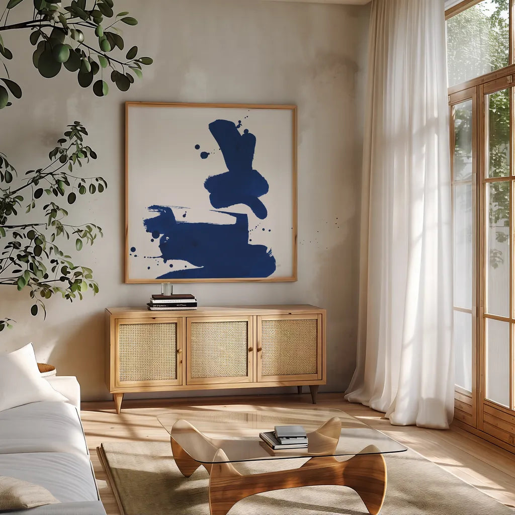 Cobalt Ink Drops III by Chris Paschke. Shown in a natural wood frame in a cozy modern living room. Available as an archival giclee rolled canvas, fine art paper, or poster print. SKU 67370a.