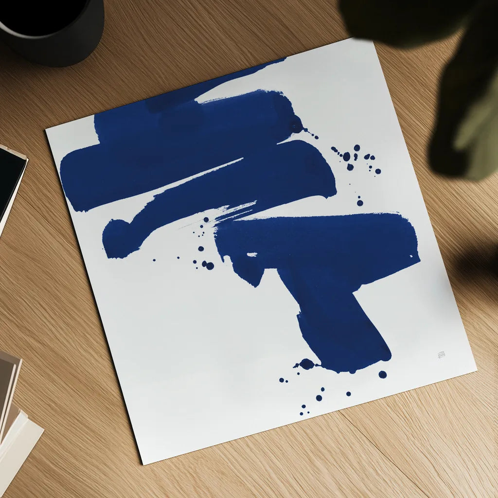 Cobalt Ink Drops IV by Chris Paschke. Shown as a detailed flat fine art print, highlighting archival giclee quality. Available as an archival giclee rolled canvas, fine art paper, or poster print. SKU 67371a.