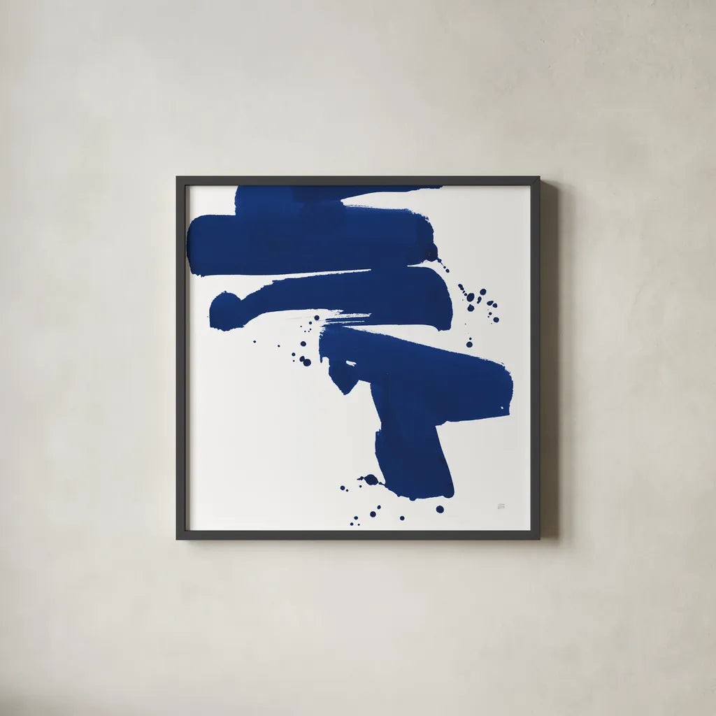 Cobalt Ink Drops IV by Chris Paschke. Shown in a sleek black glass frame for a contemporary gallery look. Available as an archival giclee rolled canvas, fine art paper, or poster print. SKU 67371a.
