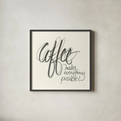 Coffee Sayings IV by Chris Paschke. Shown in a sleek black glass frame for a contemporary gallery look. Available as an archival giclee rolled canvas, fine art paper, or poster print. SKU 48408a.