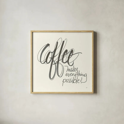 Coffee Sayings IV by Chris Paschke. Shown in a natural wood glass frame for a timeless modern aesthetic. Available as an archival giclee rolled canvas, fine art paper, or poster print. SKU 48408a.