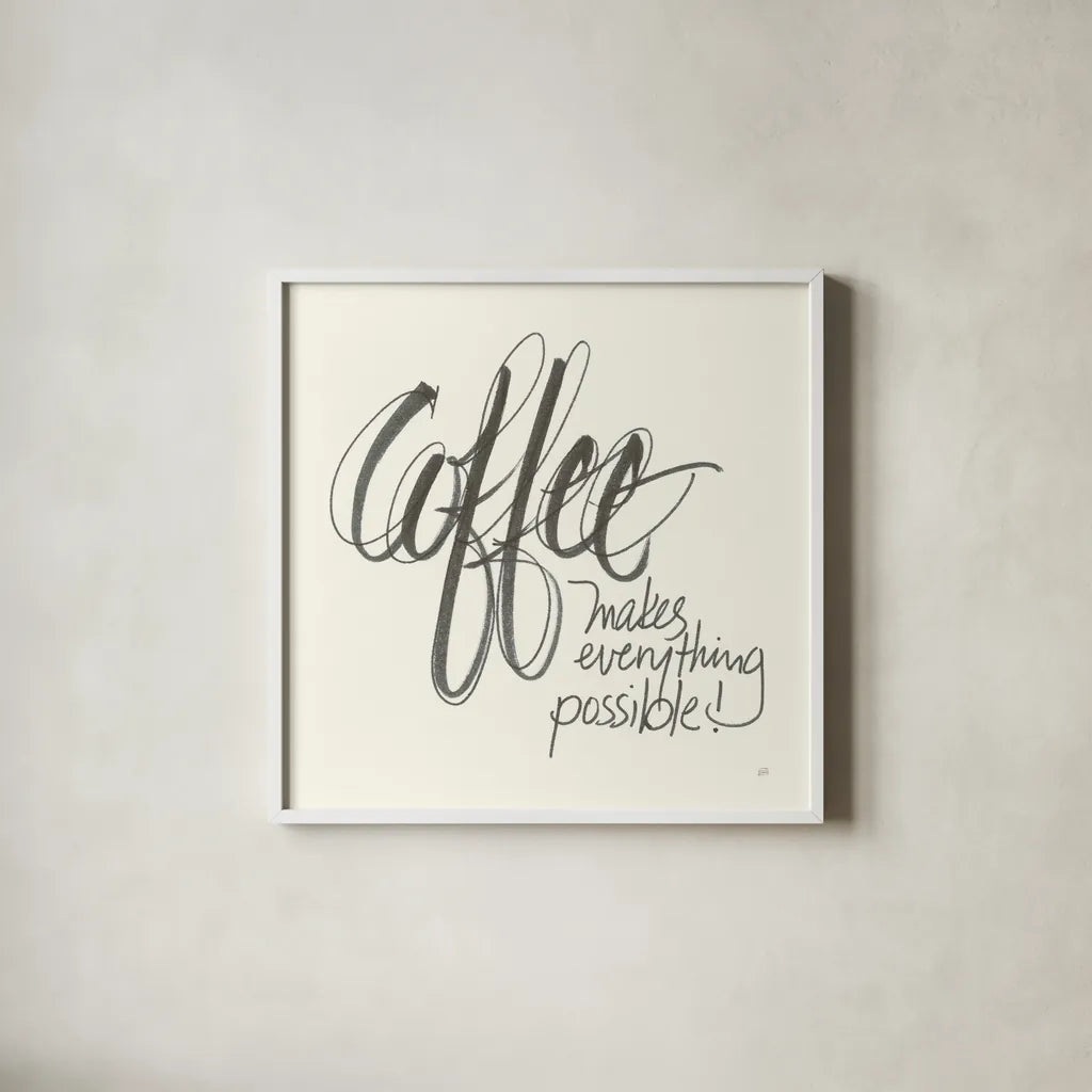 Coffee Sayings IV by Chris Paschke. Shown in a crisp white glass frame for a clean and minimalist style. Available as an archival giclee rolled canvas, fine art paper, or poster print. SKU 48408a.