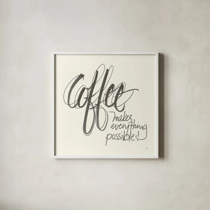 Coffee Sayings IV by Chris Paschke. Shown in a crisp white glass frame for a clean and minimalist style. Available as an archival giclee rolled canvas, fine art paper, or poster print. SKU 48408a.